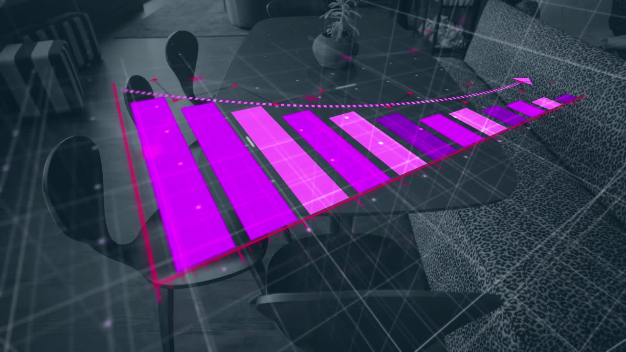 Animation of bar graph representing loss over empty chairs and sofa arranged by table in office