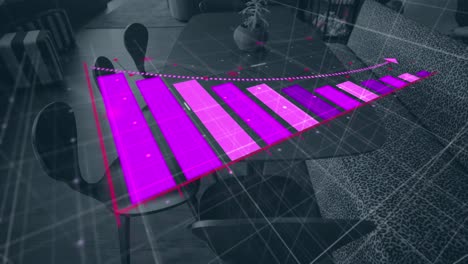 animación de gráfico de barras que representa la pérdida sobre sillas vacías y sofá dispuestos por mesa en la oficina
