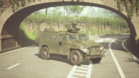 armored military car in big city