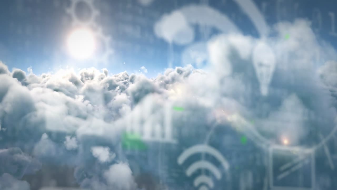 HUD fader ind fra højre, startende skybanke stiger og driver, striber flyder, viser netværk.