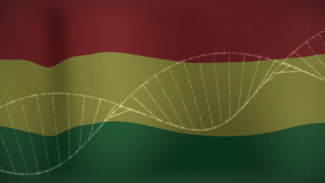 Animasjon av DNA-streng over rød, gul og grønn stripete bakgrunn