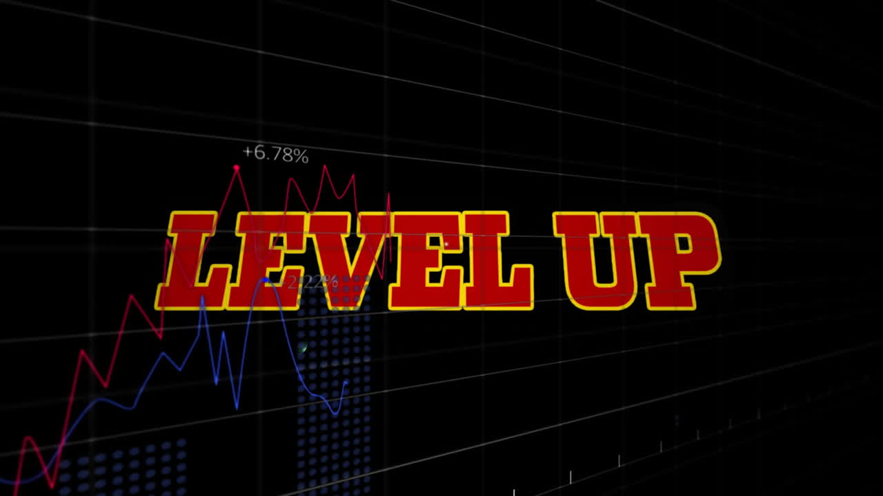 Level up text animation over financial graphs and data visualization
