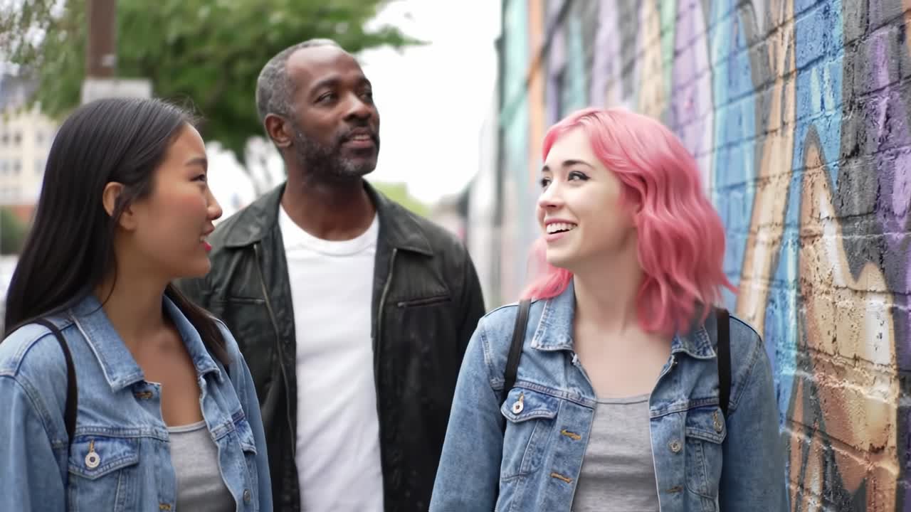 Three Friends Exploring Colorful Street Art and Murals in an Urban Environment, Capturing the Vibrant Expressions of Curiosity and Enjoyment