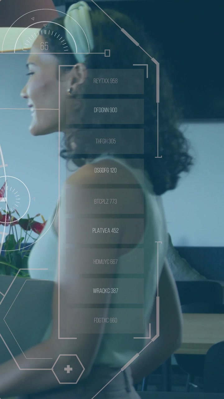 Vertical video: Woman raising small device, activating HUD and showing tech metrics for creators