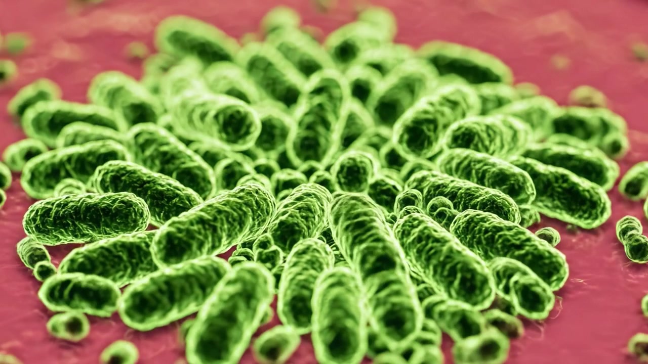 Panoramica microscopica di batteri verdi: Una visualizzazione intricata della loro morfologia e del loro comportamento in un ambiente controllato.