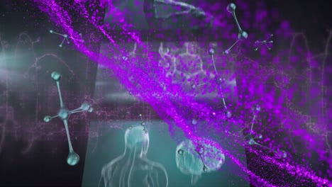 Animation-of-violet-waves-and-molecules-over-dna-chain-and-other-data-on-moving-screens