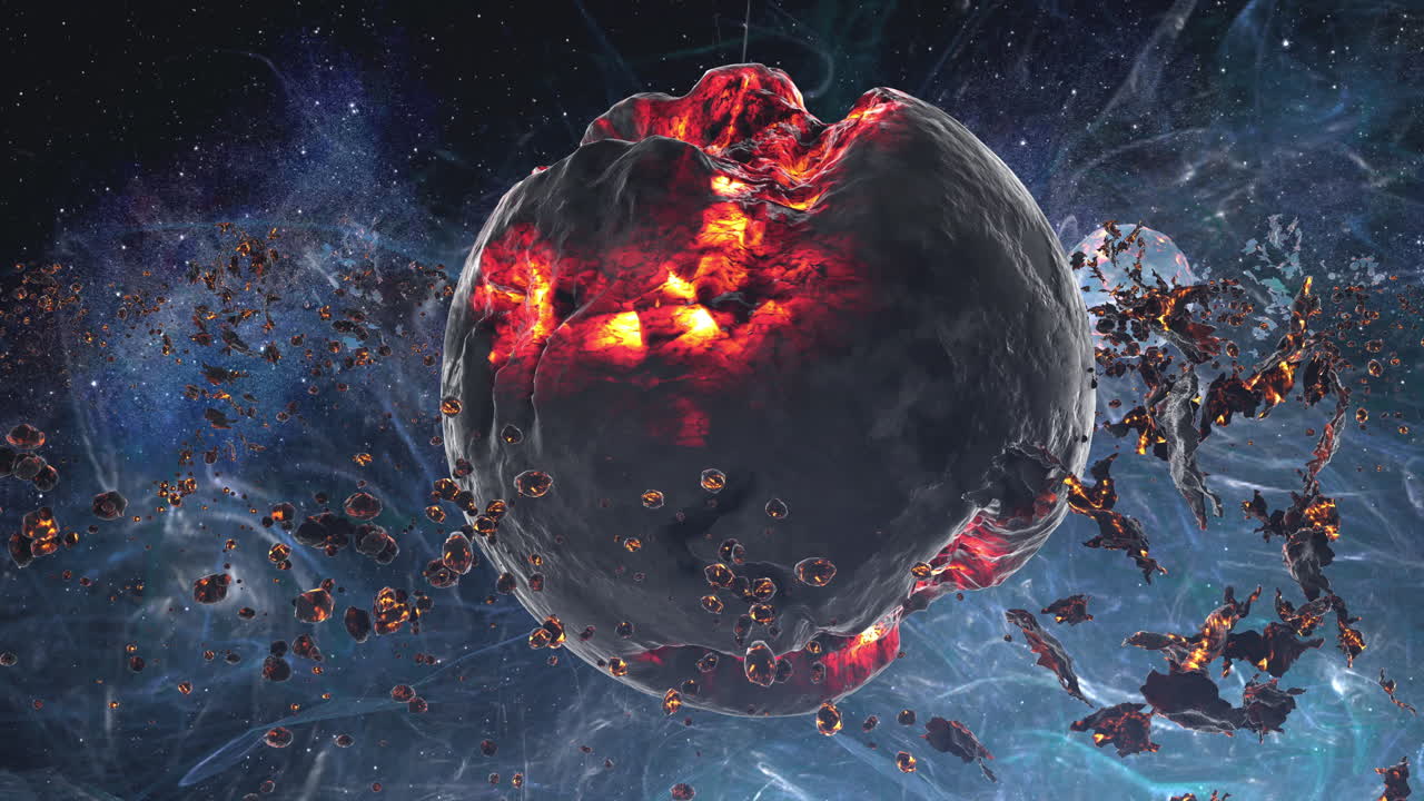 A fiery planet in space with asteroids