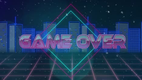 Animation-of-game-over-text-in-metallic-pink-letters-over-cityscape-and-grid