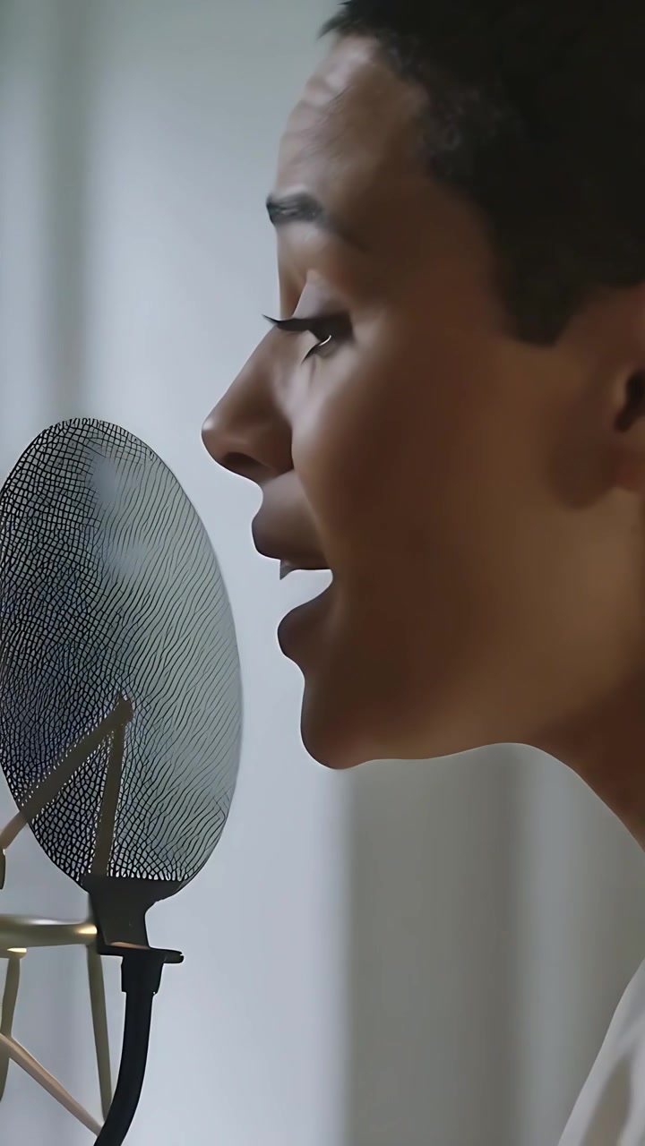 Vertikal video: Sanger i hvid T-shirt læner sig ind mod popfilter-mikrofon i studie under optagelse.