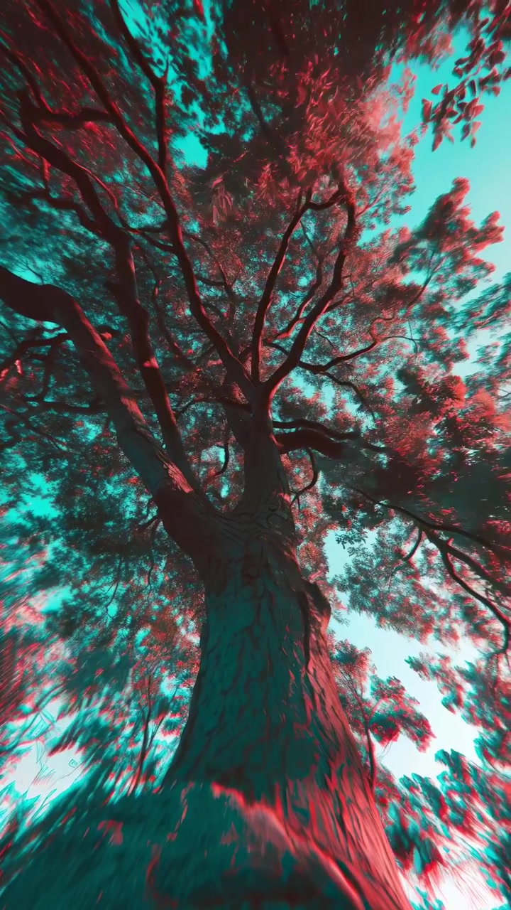 Vista dal basso di un albero con effetto 3D anaglifo