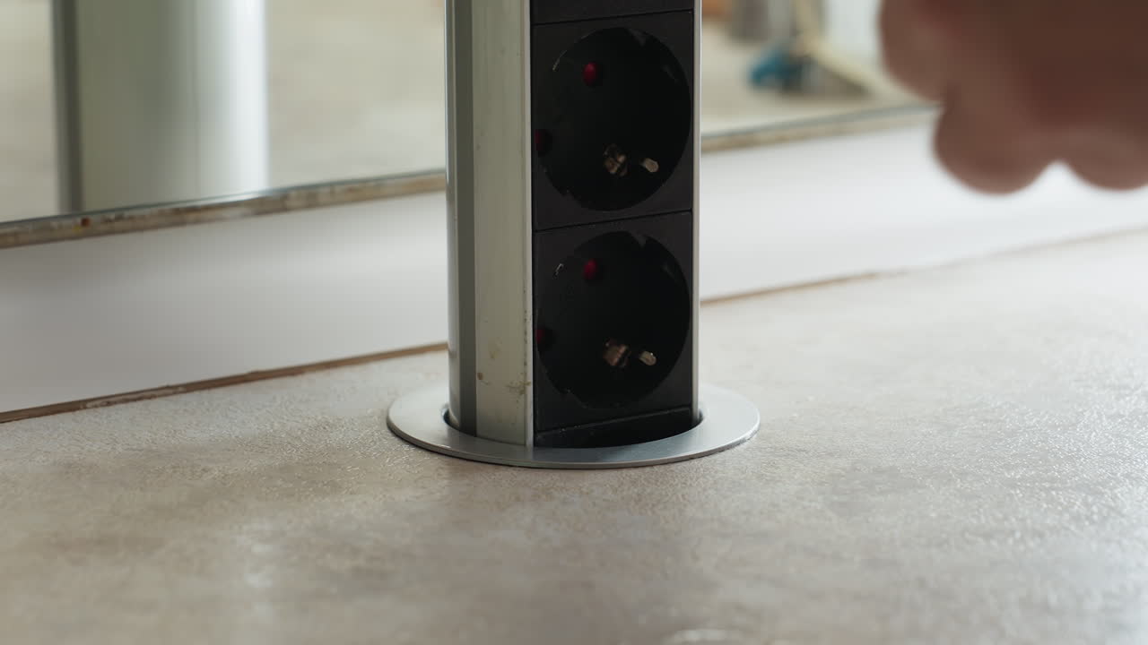 Hand view of person lifting built-in electric socket from kitchen counter to connect electric cable, preparing power access for kitchen appliance with clear reflection on smooth
