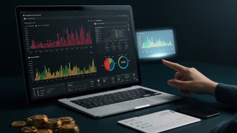 analyzing critical financial data on a laptop: a user engaged in interpreting graphs and metrics with cryptocurrency coins nearby