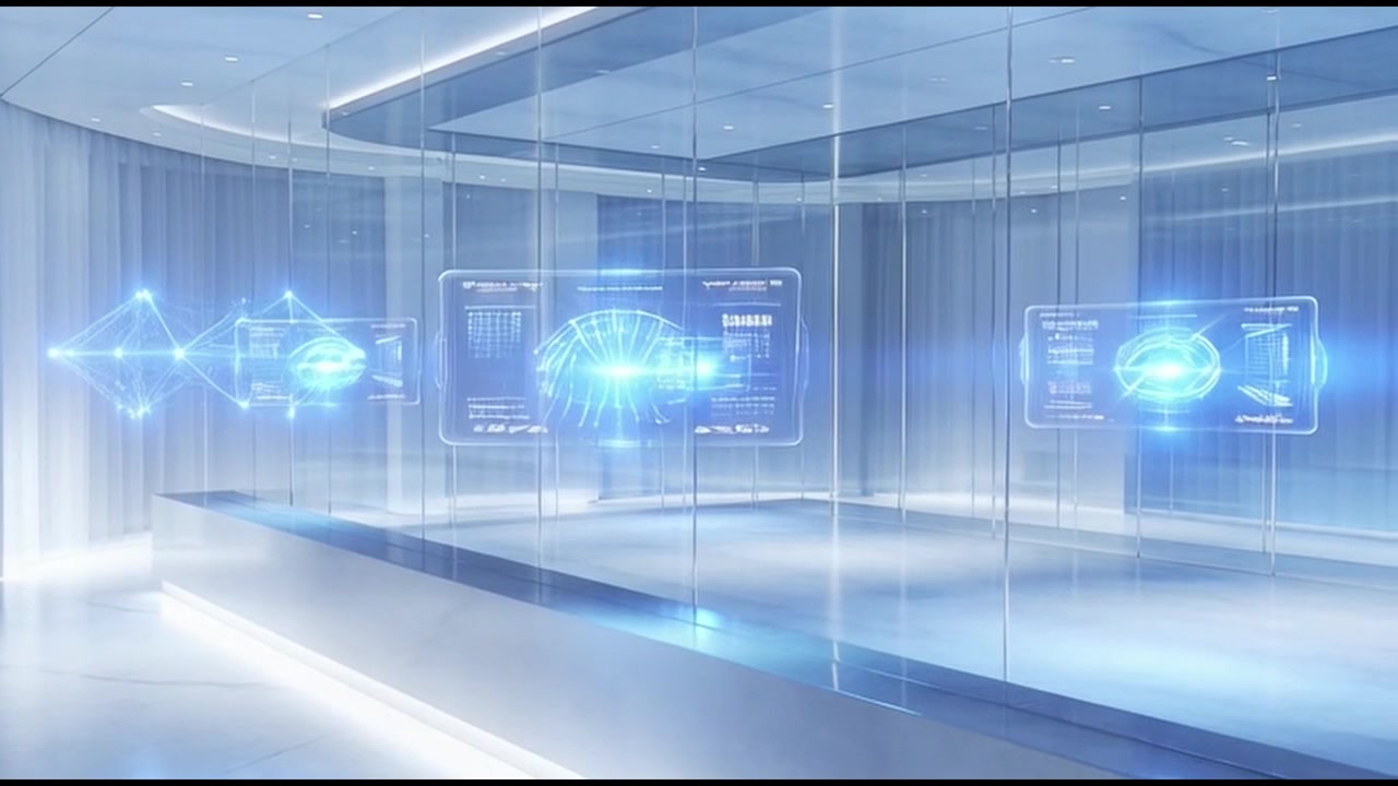 Futuristic Digital Data Visualization in a Modern Glass Office