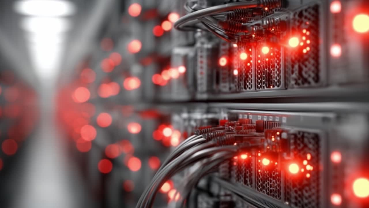 An Intricate Network of Server Connections Illuminated by Red LEDs, Showcasing the Heart of Data Processing and Storage in a High-Tech Environment