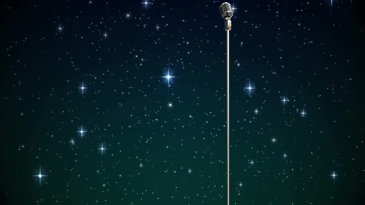 Animación de estrellas cayendo sobre un micrófono en un fondo oscuro