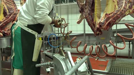 employee cleaning horse meat hung in slaughterhouse with knife