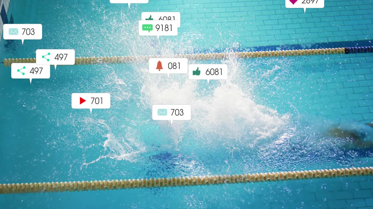 Nadador no bloco de partida, impulsionando-se, reagindo a métricas crescentes de redes sociais acima da raia da piscina