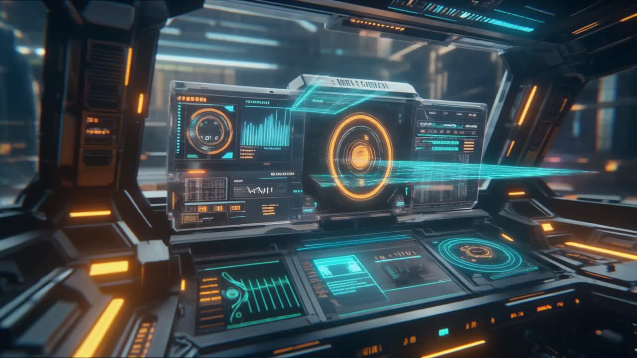 Futuristic Control Panel with Holographic Data Displays and User Interface