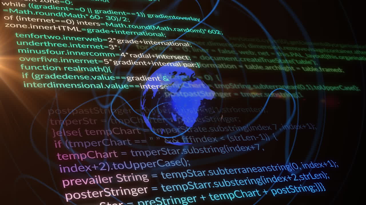 Animation of spiral pattern around globe over computer language and lens flares