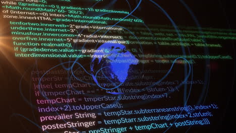 animation of spiral pattern around globe over computer language and lens flares