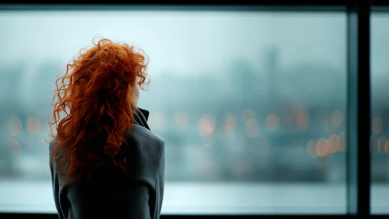 A contemplative figure with curly red hair gazes out a large window, reflecting on distant memories as city lights twinkle softly in the blurred background, creating a serene and introspective atmosphere