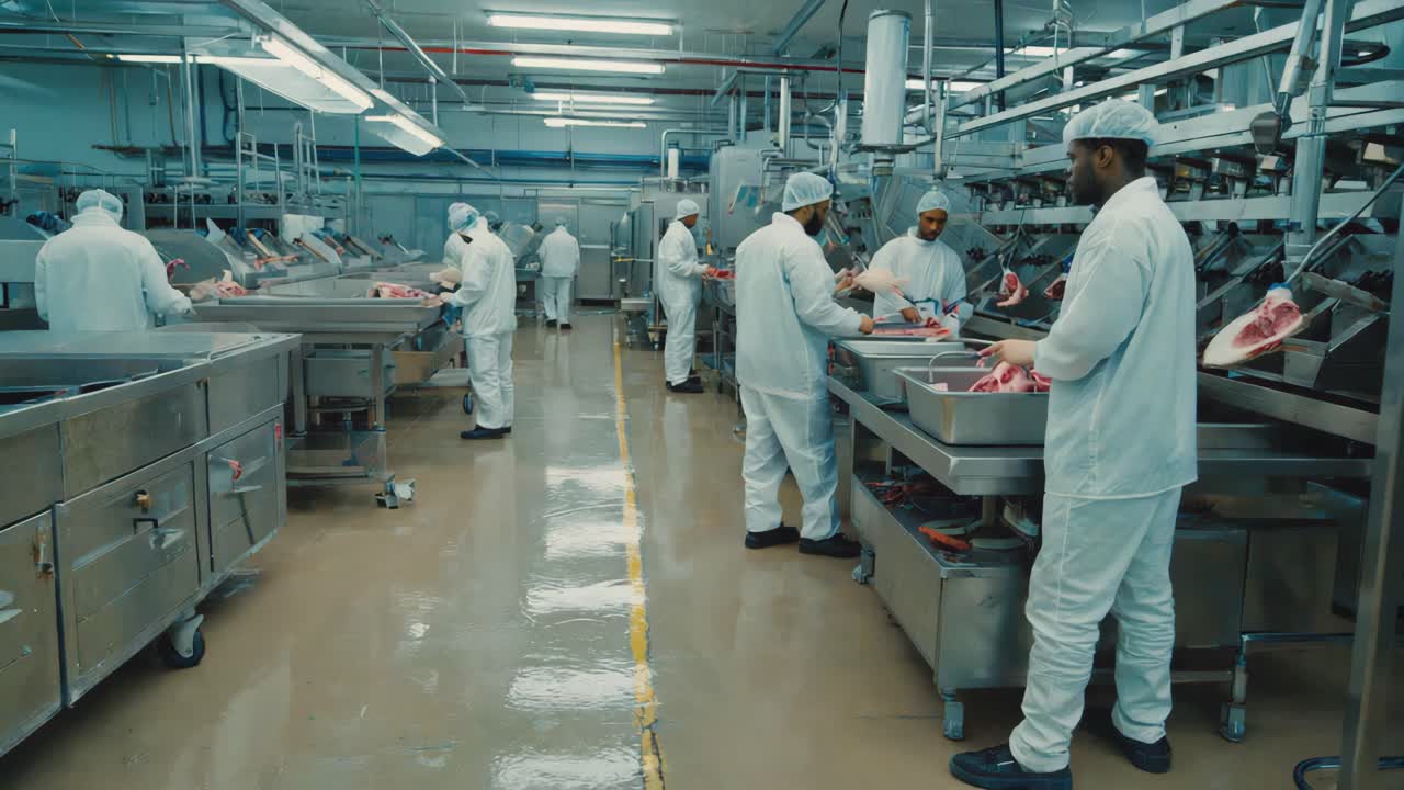Meat processing factory with workers
