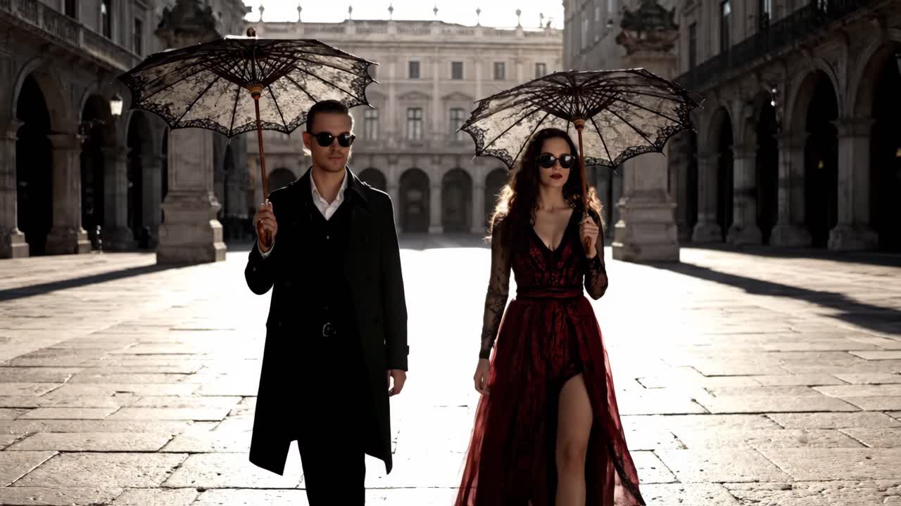 Gothic Fashion Couple with Umbrellas