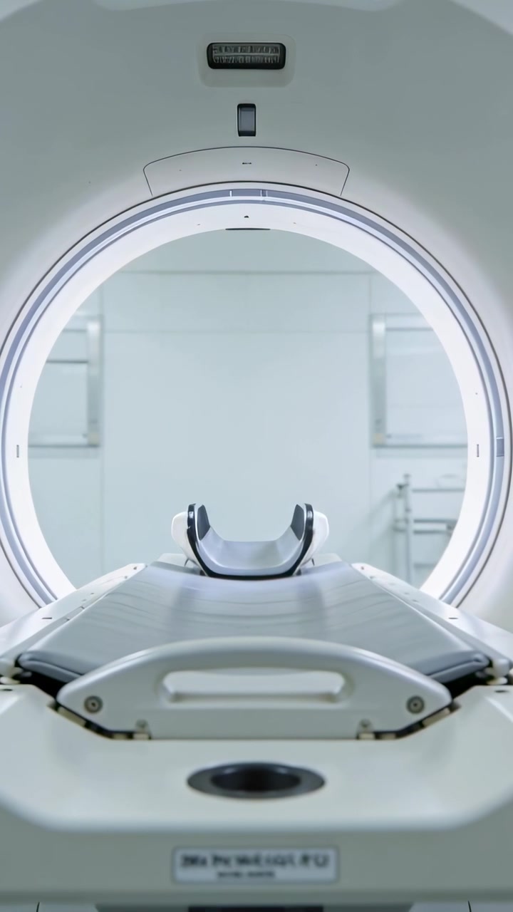 Video verticale: Il tavolo mobile che entra nell'anello dello scanner in clinica dopo il segnale dalla console, con una culla a forma di U.