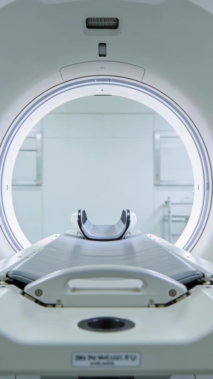 Video verticale: Il tavolo mobile che entra nell'anello dello scanner in clinica dopo il segnale dalla console, con una culla a forma di U.