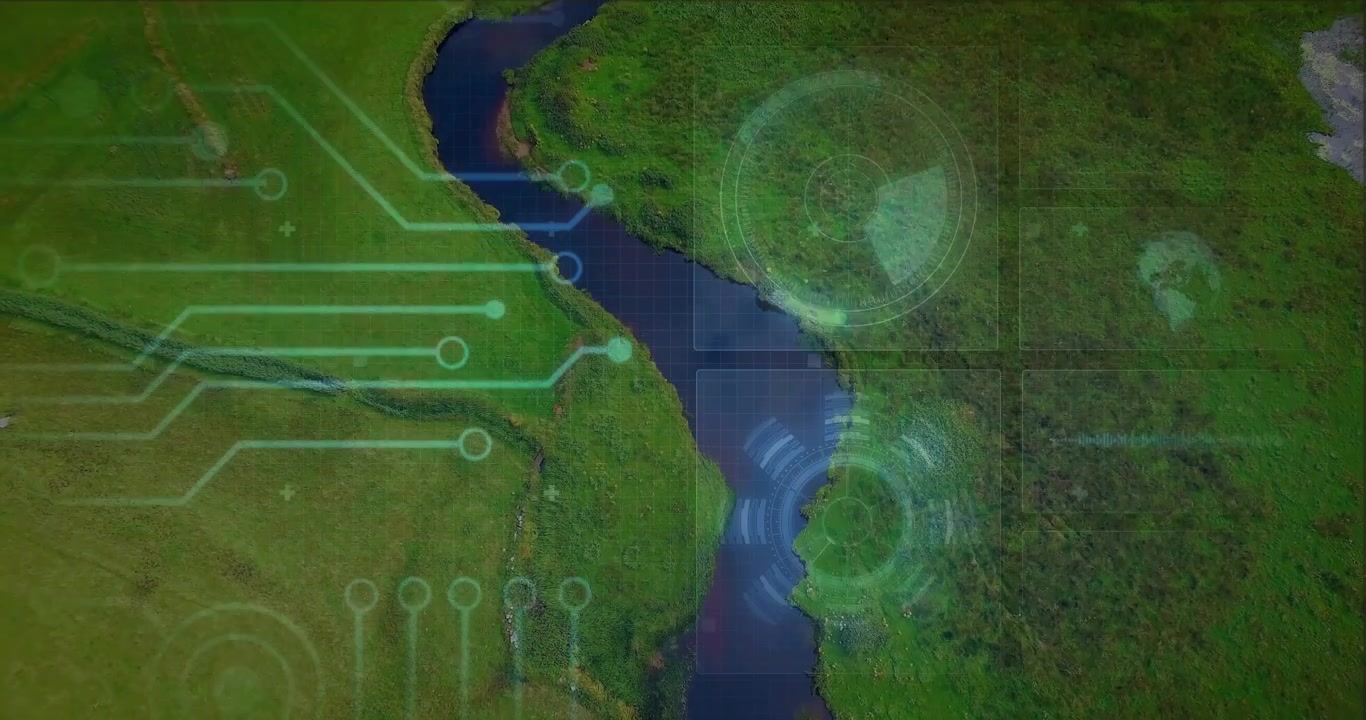 Winding river running through pasture, tech scan activating circuit HUD overlays mapping wetland