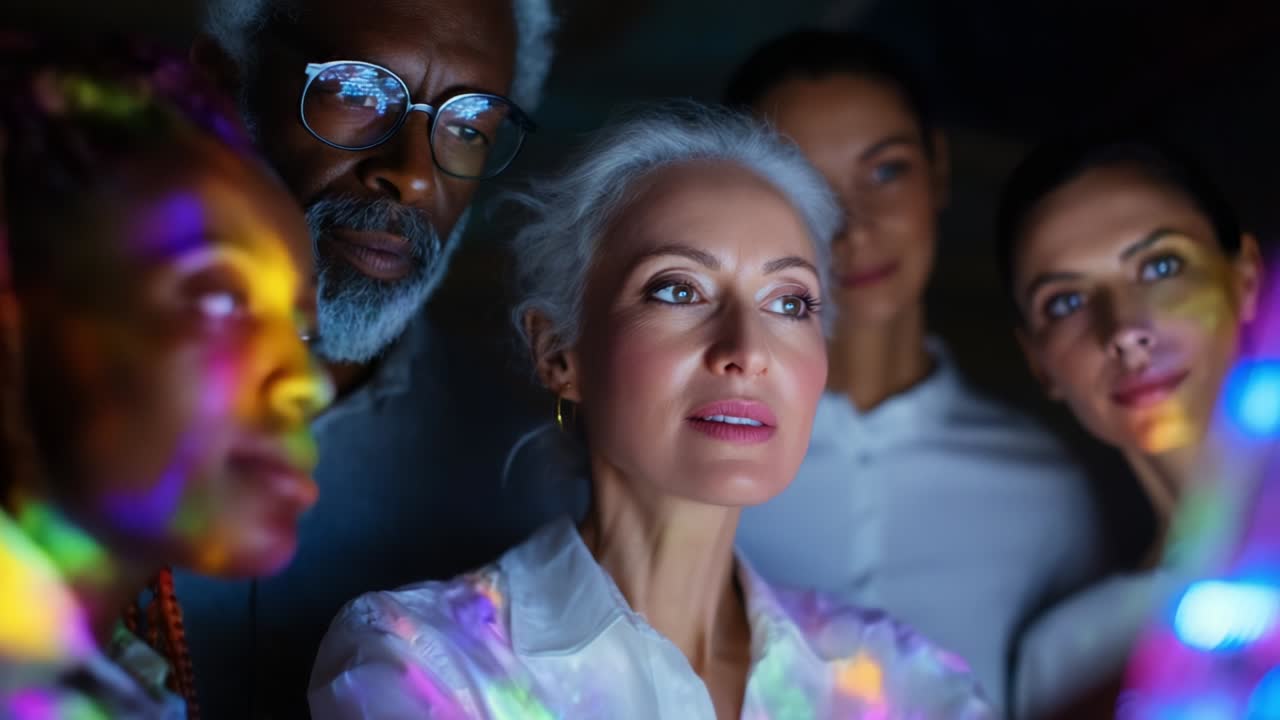 A diverse group of individuals, featuring an elderly woman with silver hair and striking facial expressions, engages with vibrant projections of light, displaying curiosity and intrigue in a collaborative environment