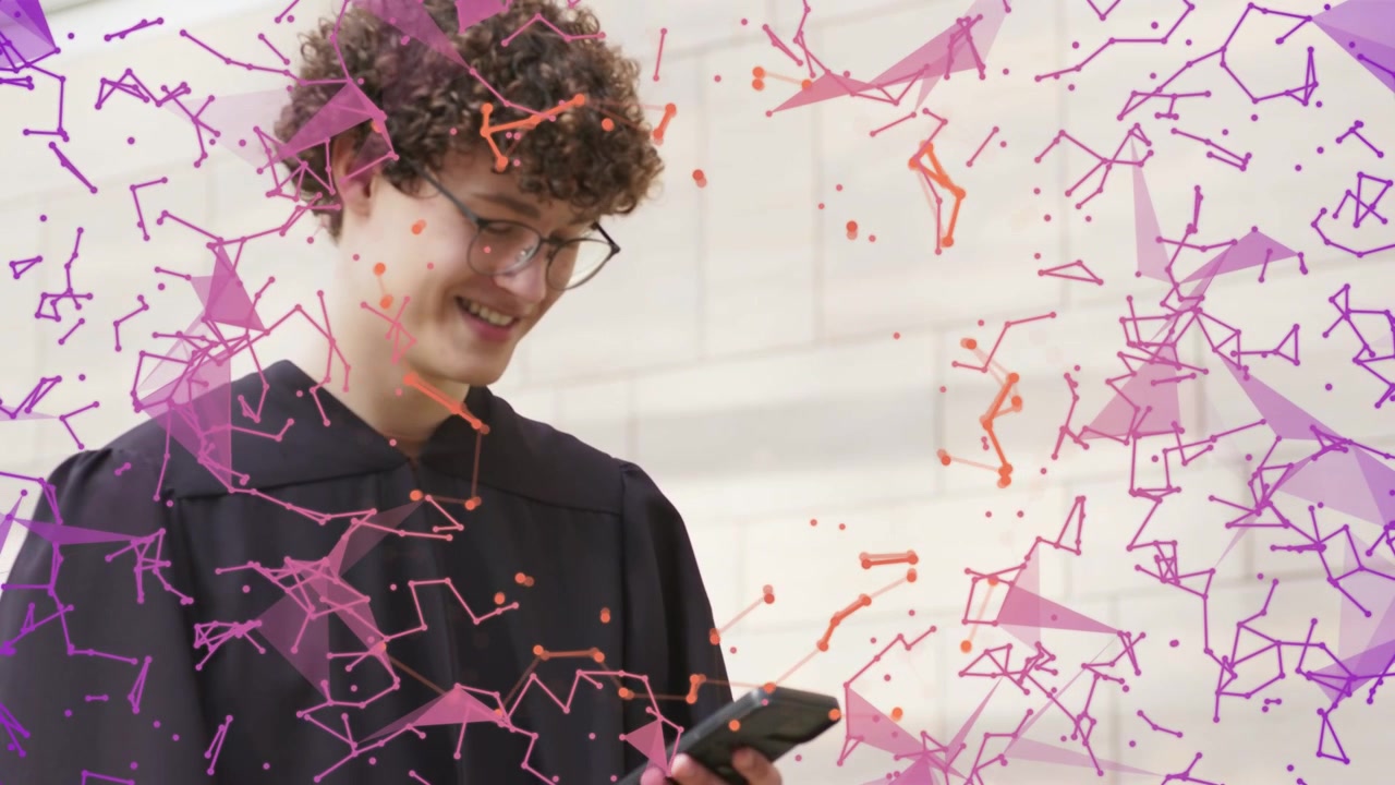 Graduate tilting and raising phone scrolling education messages as magenta orange overlay drifting