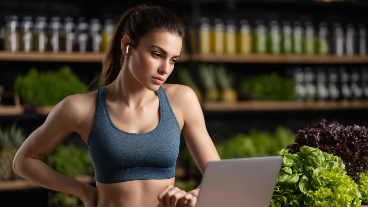 Focused and Fit: A Young Woman in Athletic Wear Engages with Her Laptop Amidst Fresh Greens, Representing a Blend of Technology and Healthy Lifestyle Choices