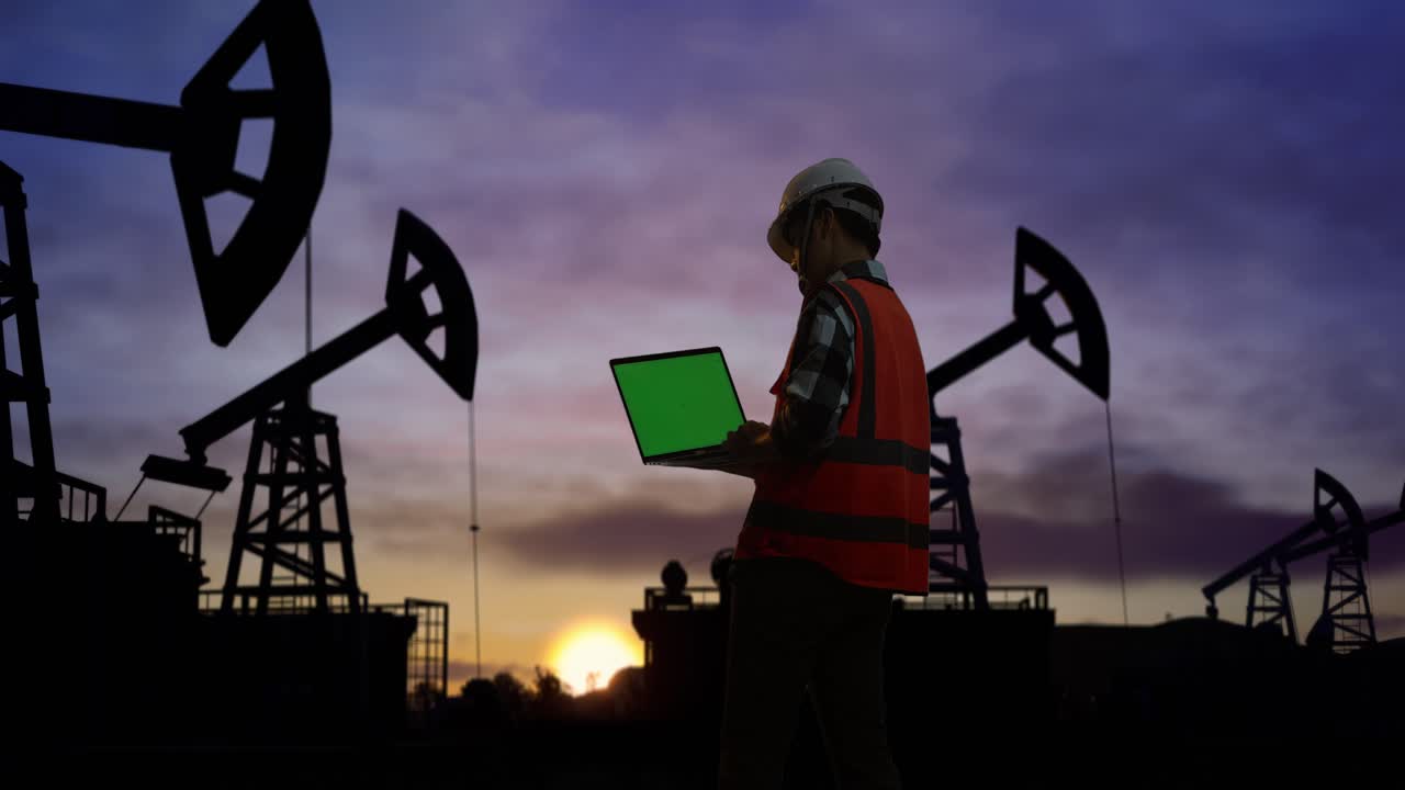 안전 헬을 입은 아시아 남성 엔지니어가 녹색 스크린 노트북에서 일하고 해가 지거나 해가 뜨는 동안 기름 프 앞에 서서 주위를 둘러보고 있는 모습