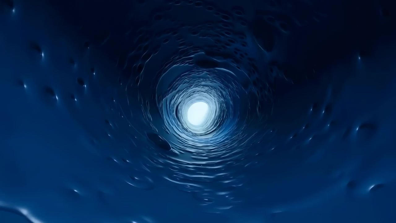 Vista astratta di un tunnel liquido blu lucido con pareti ondulate e un'apertura circolare luminosa al centro, che crea profondità, movimento e un'atmosfera organica futuristica.