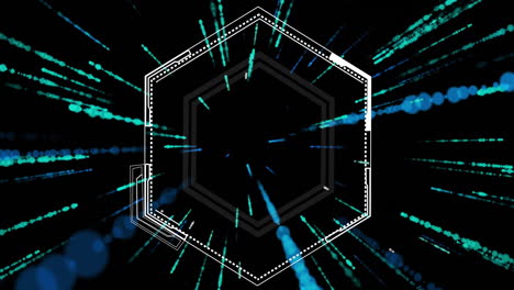hexagonal frame with blue and green light streaks animation on black background