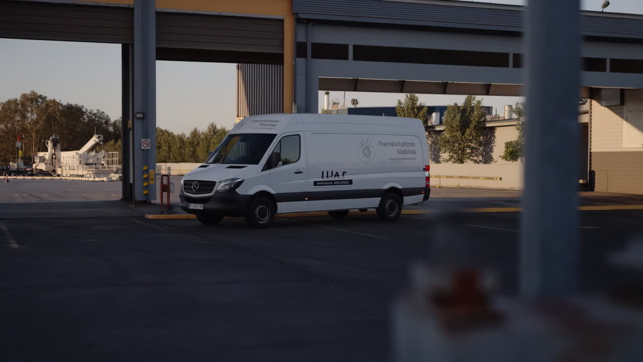 A white Mercedes-Benz Sprinter van parked in an industrial area