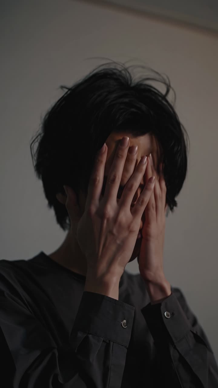 Blurred video still of a person covering their face, shot from a straight-on angle