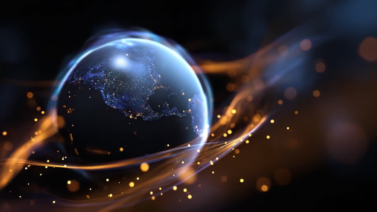 A Stunning Visualization of Earth Surrounded by Dynamic Light Trails, Showcasing the Planet's Beauty and Connection to the Universe in an Artistic Display