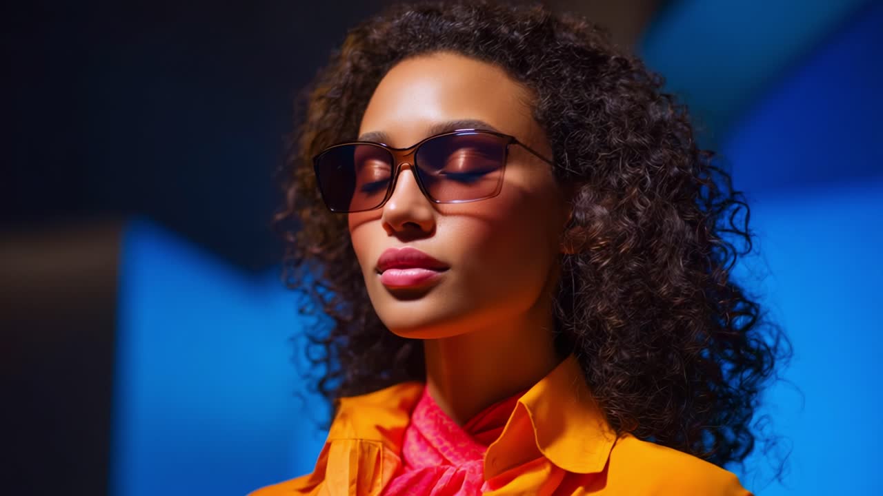 Modella alla moda che mette in mostra occhiali da sole fashion e un outfit trendy con colori vivaci, il tutto catturato in una straordinaria configurazione di illuminazione fotografica