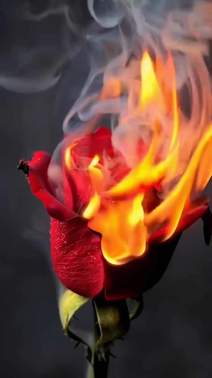 Rosa Rossa che Brucia con Fiamme e Fumo su Sfondo Scuro