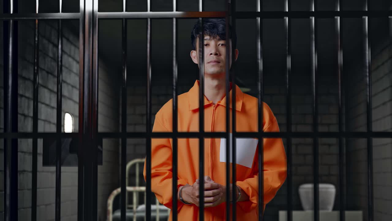 prisionero masculino asiático con esposas de pie en la prisión, levantando la cabeza y mirando a la cámara