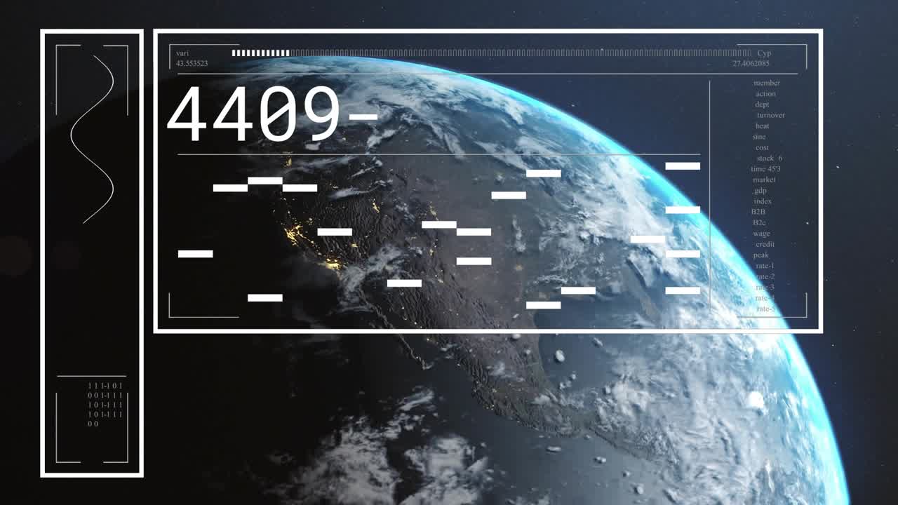 HUD appearing, overlay cycling codes while Earth rotating, camera revealing limb for telemetry