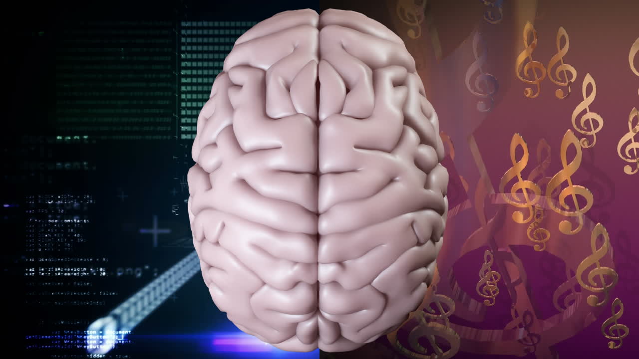 Animation of the top of brain against a musical notes and binary codes with data scrolling