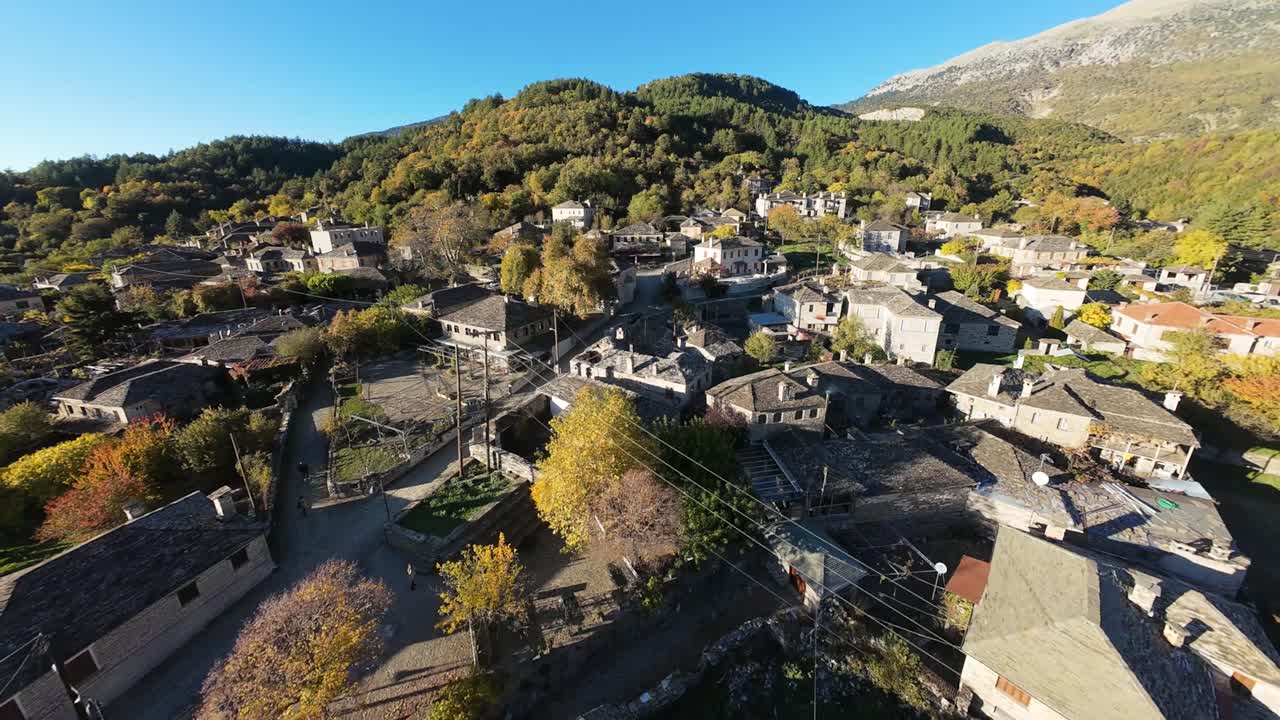 Dynamic Aerial Fpv Footage in Papigo Zagorochoria Greece, Traditional Vilage of Epirus with Stone Made Houses and Cobblestone Streets