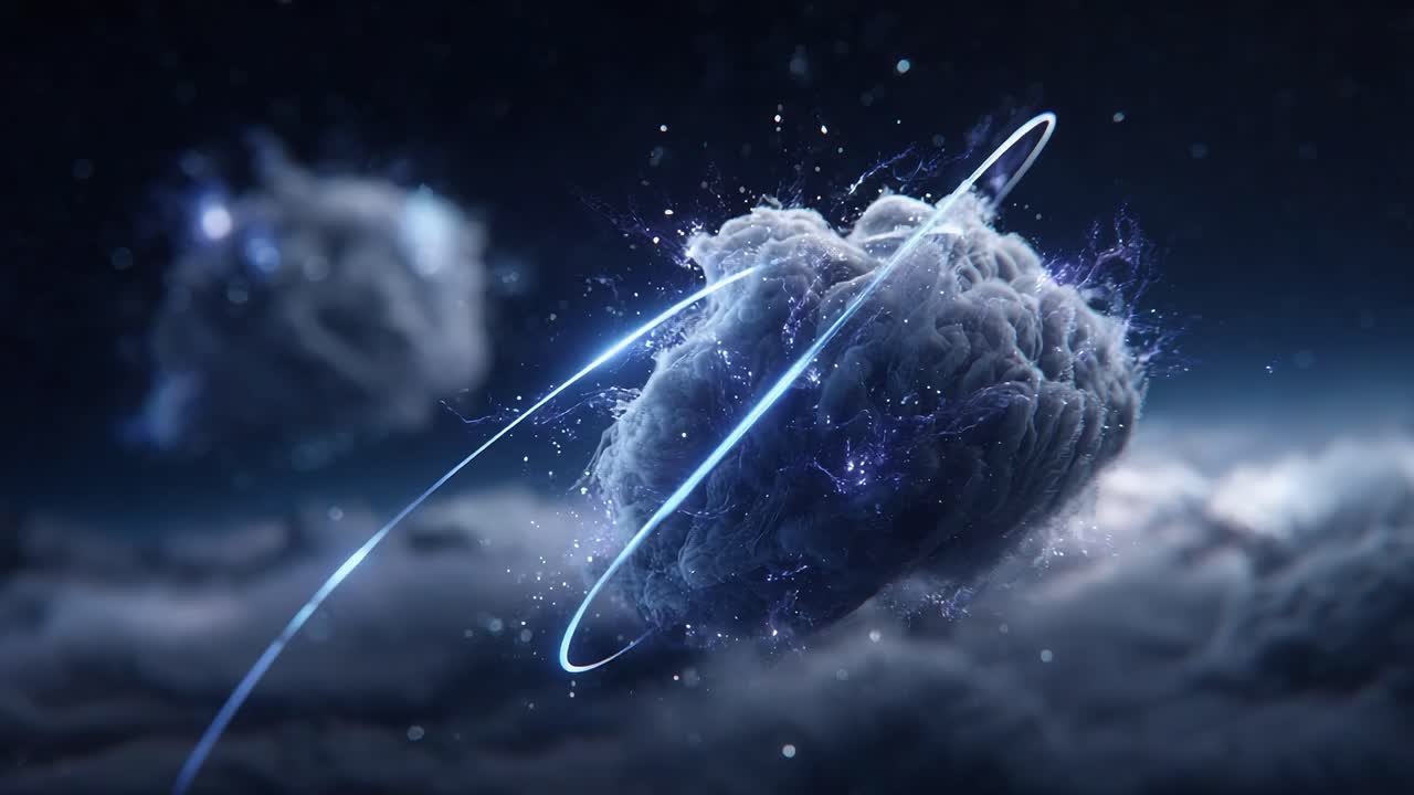 A Mystical Cosmic Scene Featuring Dynamic Clouds Illuminated by Brilliant Light Trails Against a Dark Starry Background, Evoking a Sense of Wonder and Imagination