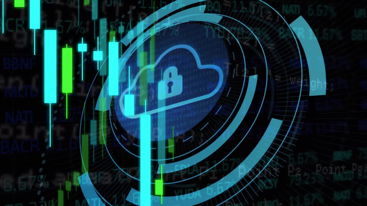 Animation of financial data processing and padlock with cloud icon over dark background