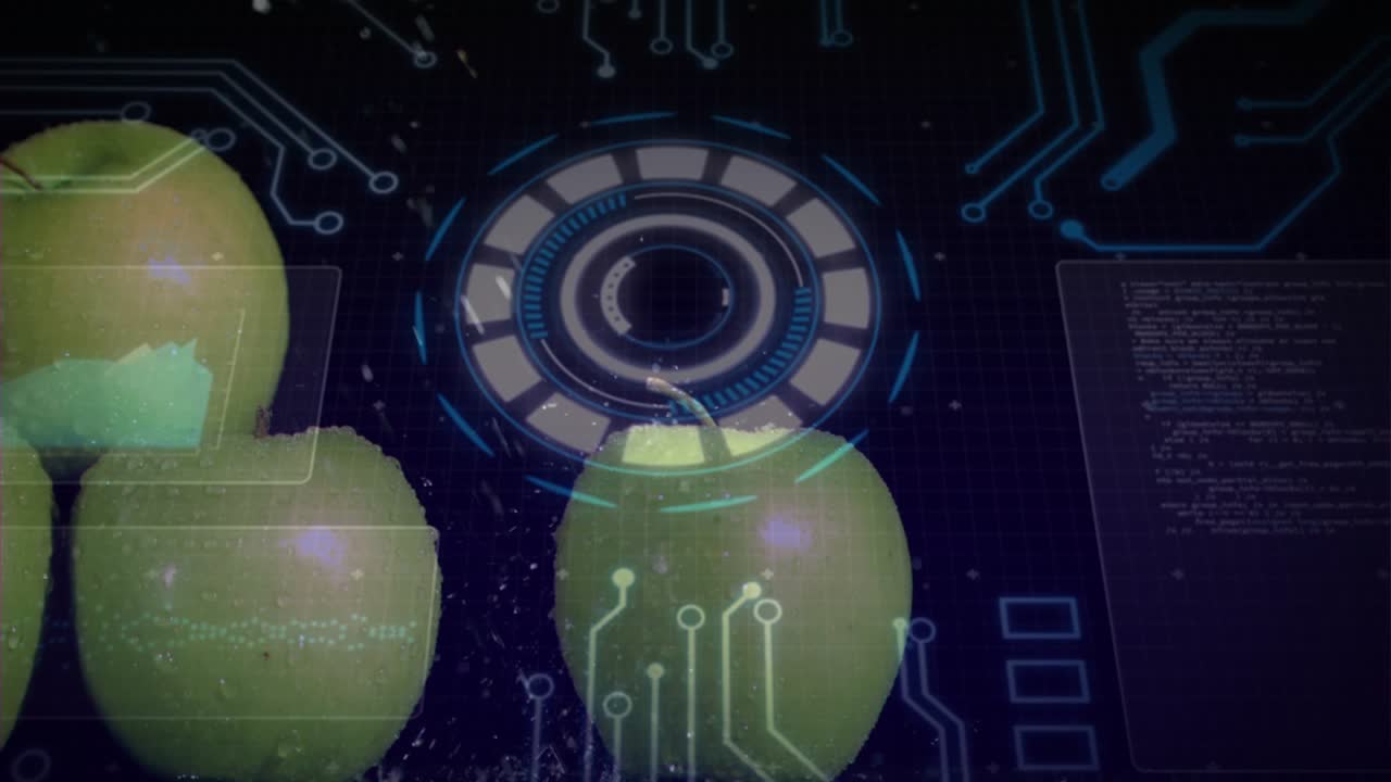 Circular HUD activating and scanning three green apples, circuit traces pulsing to analyze surface