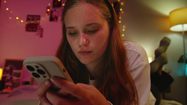 Young woman using her phone in bed