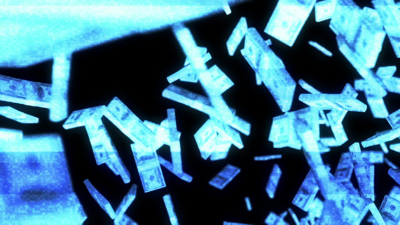 홀로그램 디지털 화폐가 카메라를 향해 떨어지고 색상 스타일의 오류가 있습니다.